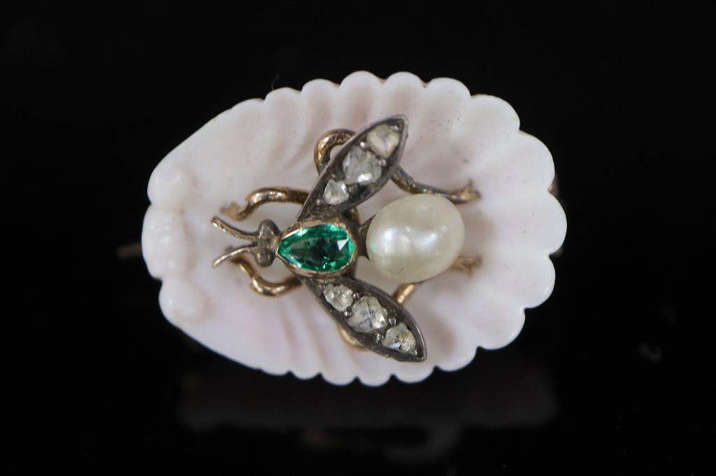 A late Victorian carved coral shell and inset pearl, emerald and rose cut diamond set bug brooch,